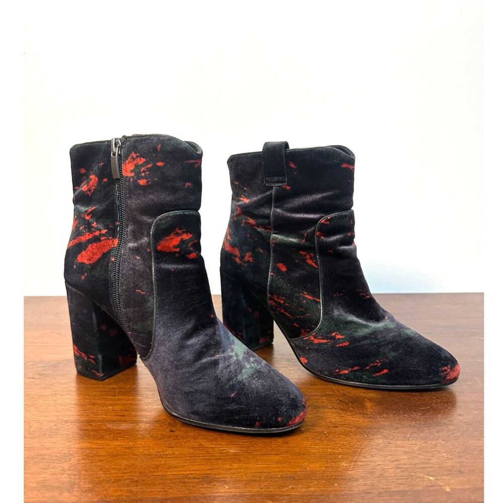 Bruno Premi Anthropologie Velvet Ankle Boots Size 41 US 10 Black Red Camo Y2K